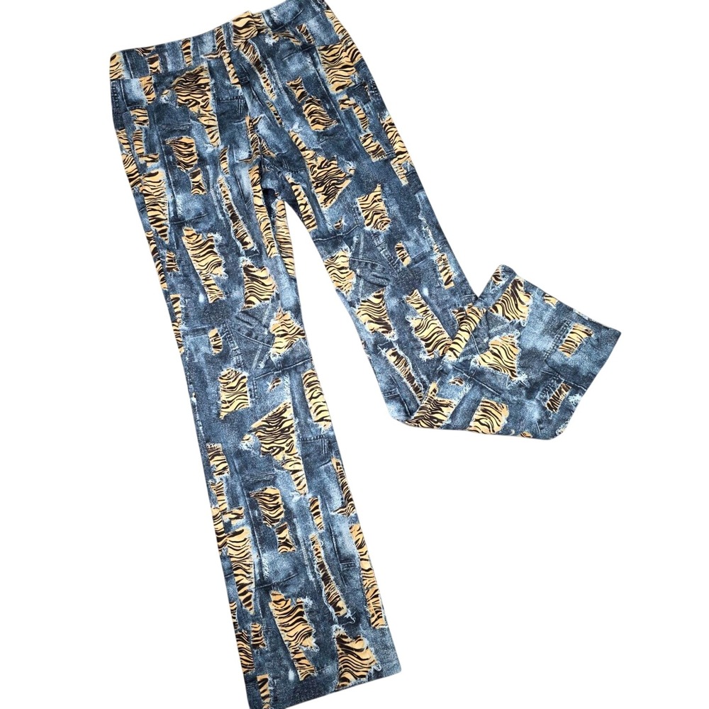 Vintage Isabel Flare Pants Tiger Animal Print Faux Denim Jeans 8 Y2K 90s Grunge